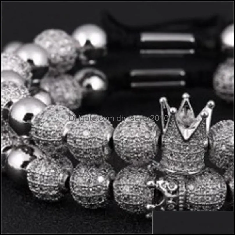 2pcs/set Luxury Crown Charm Men Bracelets 8mm Micro Pave CZ Round Braided Macrame Bracelet Pulseira Feminina Handmade Jewelry Gift 110
