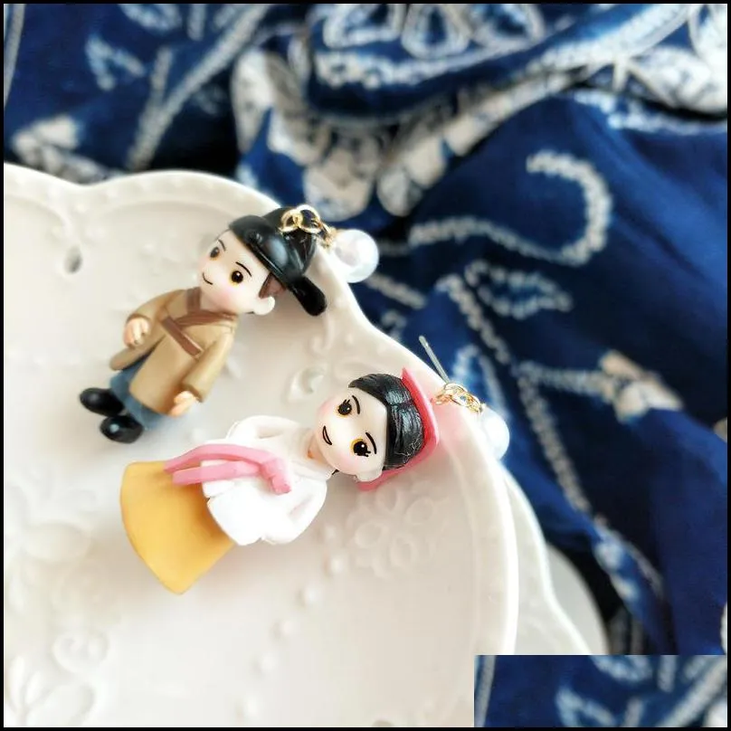 cute handmade asymmetric cartoon characters traditional hanbok dangle earrings funny figure jewelry for women unique party earring