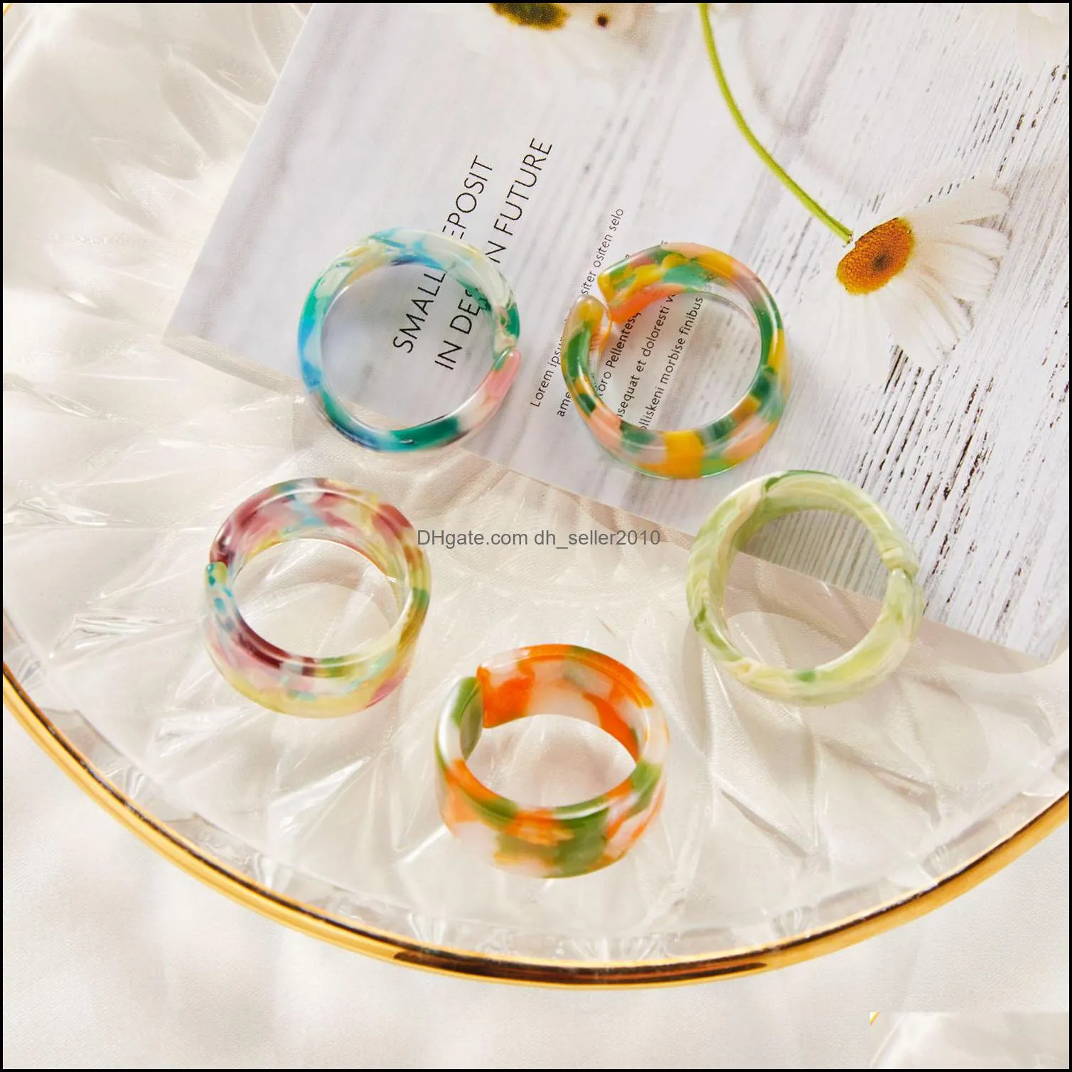 Korea Aesthetic Colourful Resin Acrylic Band Rings Set for Women Geometric Round Rings Girl Temperament Jewelry Gifts 87 D3