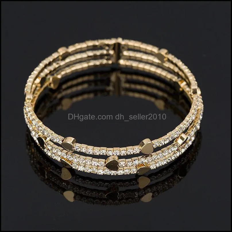 Bangle Rhinestone Bracelet Woman Full Diamond Love Heart Handmade Three Rows Cuff Bracelets Plated Gold Bangle 8 9yf G2B