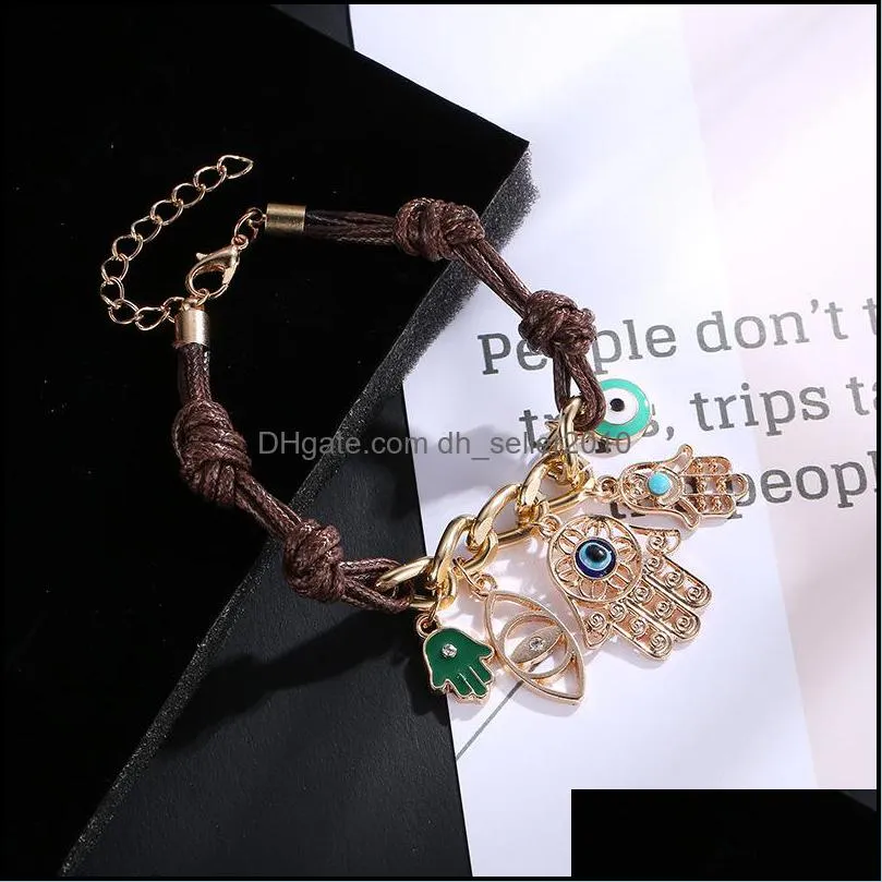 Fashion Fatima`s Hand Hamsa Bracelet Evil Eye Bracelet for Women Leather Pendant Knit Link For Women Arm Fatima #2892431 133 W2