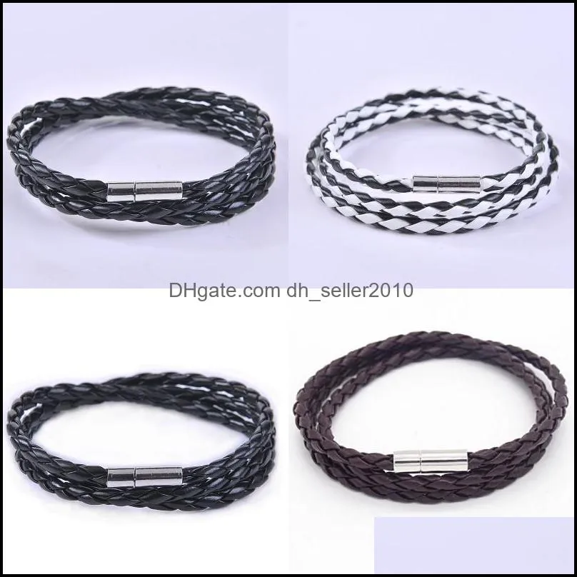 Mens Leather Bangle Bracelets Black/Brown Mesh Magnetic Stainless Steel Clasp Double Wrap Wristband Titanium Bracelet for Men 339 N2