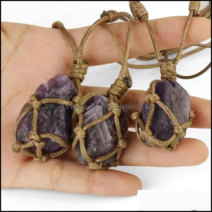 Natural Stone Rope Wrap Necklace Irregular Crystal Quartz Healing Pendant Necklaces Adjustable Women Vintage Jewelry