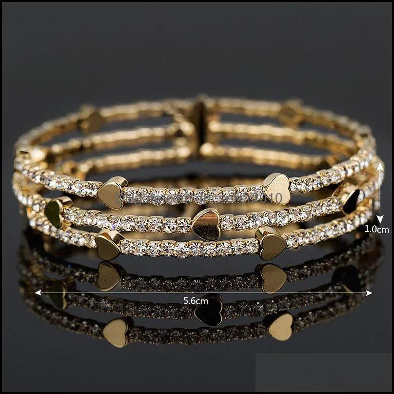 Bangle Rhinestone Bracelet Woman Full Diamond Love Heart Handmade Three Rows Cuff Bracelets Plated Gold Bangle 8 9yf G2B