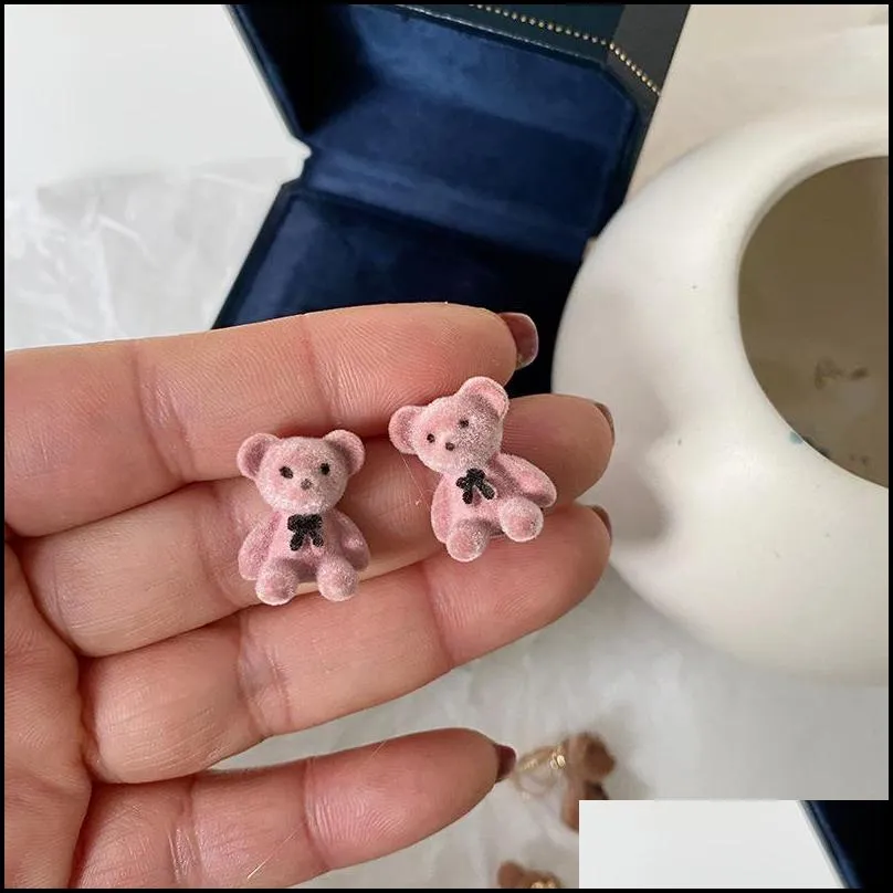 korean kawaii funny bow bear stud earrings cute plush statement dainty earring for women girl cartoon animal jewelry