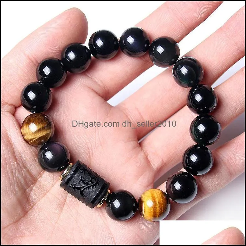 Natural Obsidian Beaded Strands Luxury Designer Rainbow Eye Cylinder Bracelet Dragon And Phoenix Decorative Pattern Bracelets 15 8jy