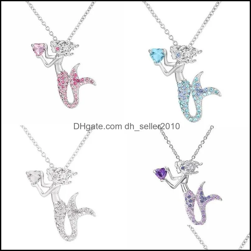 Mermaid Pendants Necklace Alloy Silver Plating Clavicular Chain Charms Women Rhinestone Necklaces Fashion Jewelry White Blue