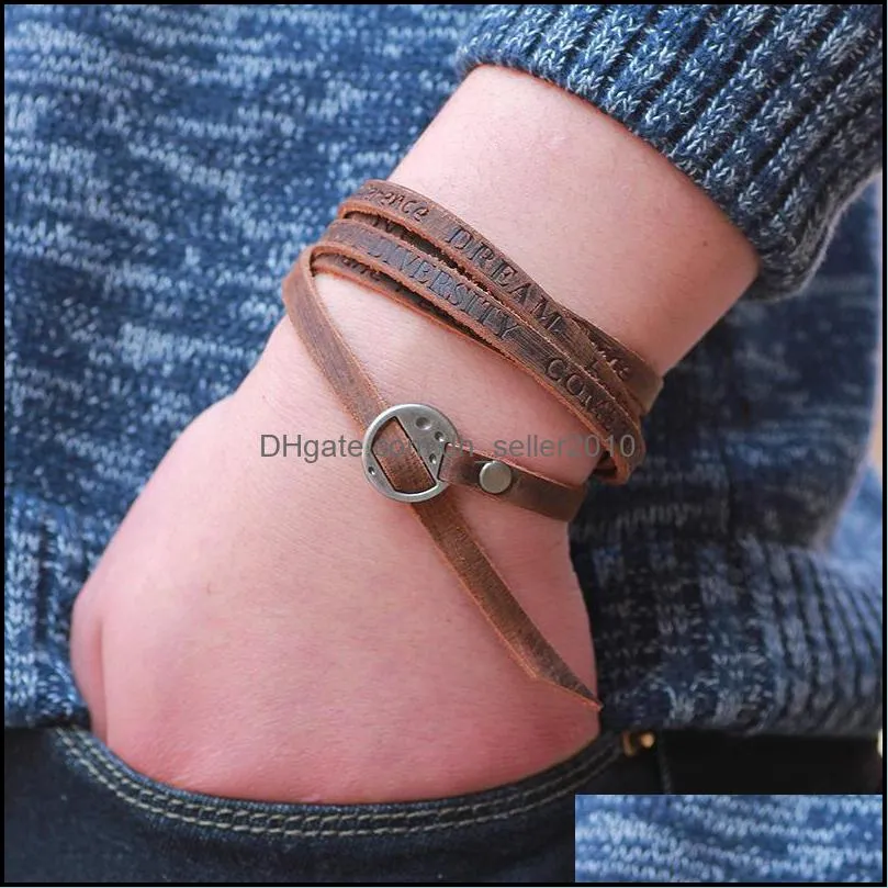 Vintage Bohemian Style Jewelery Multilayer Wrap Genuine Leather Bracelet For Men And Women Embossing Letter Tennis 439 Z2