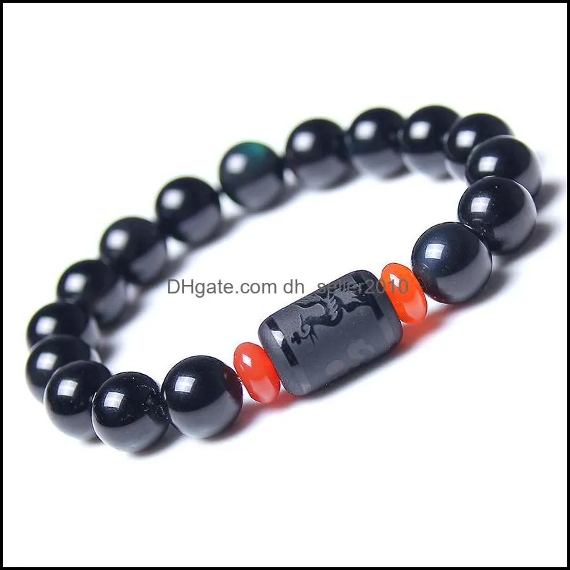 Natural Obsidian Beaded Strands Luxury Designer Rainbow Eye Cylinder Bracelet Dragon And Phoenix Decorative Pattern Bracelets 15 8jy