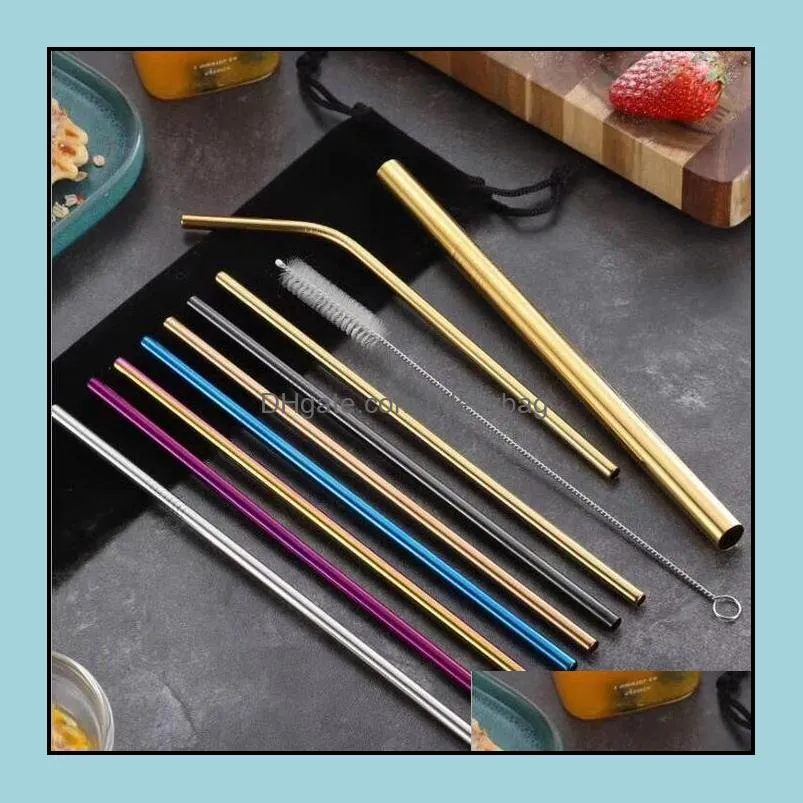 304 stainless steel straw 6*215 mm drinkware reusable colorful drinking straws metal straight bent with case cleaning brush set party kitchen accessory boutique