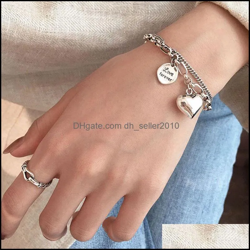 Silver Love Letter Heart Double Layer Bracelet Female Unique Design Thai Silver Retro Light Luxury Jewelry 704 Z2