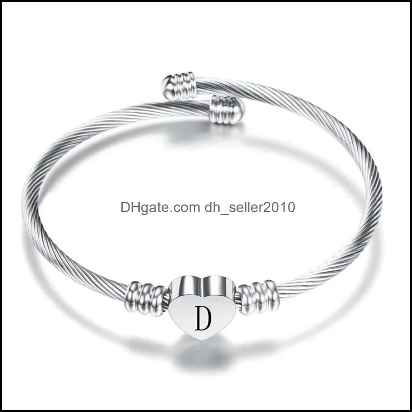 A-Z Initial Letter Titanium Steel Open Cuff Bangle For Women 26 Alphabet Heart Charm Bracelet Fashion Female Jewelry Gift