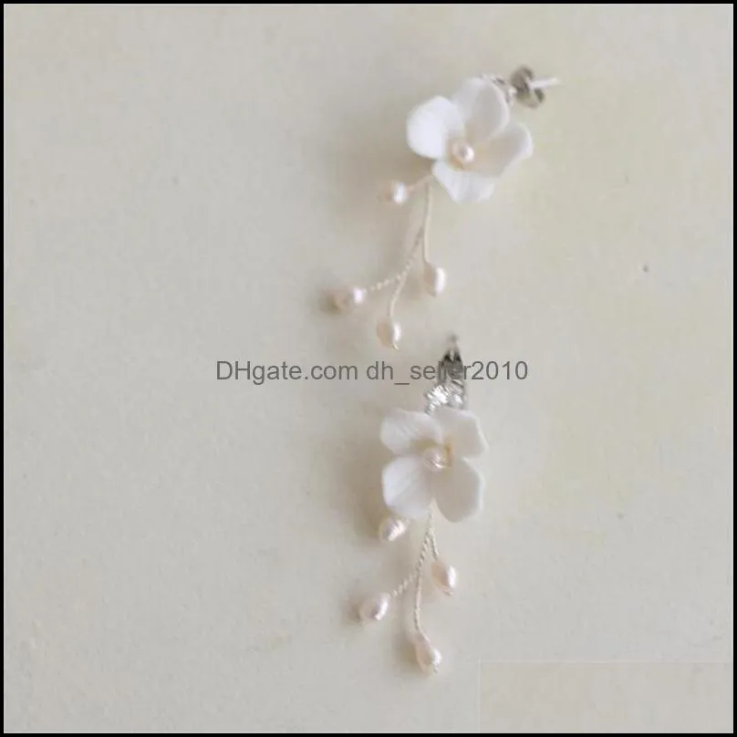 White Ceramic Flower Earrings Wedding Bridal Jewelry Freshwater Pearls Flowers Earring Fashion Charm Dropping Stud Dangle 2488 T2