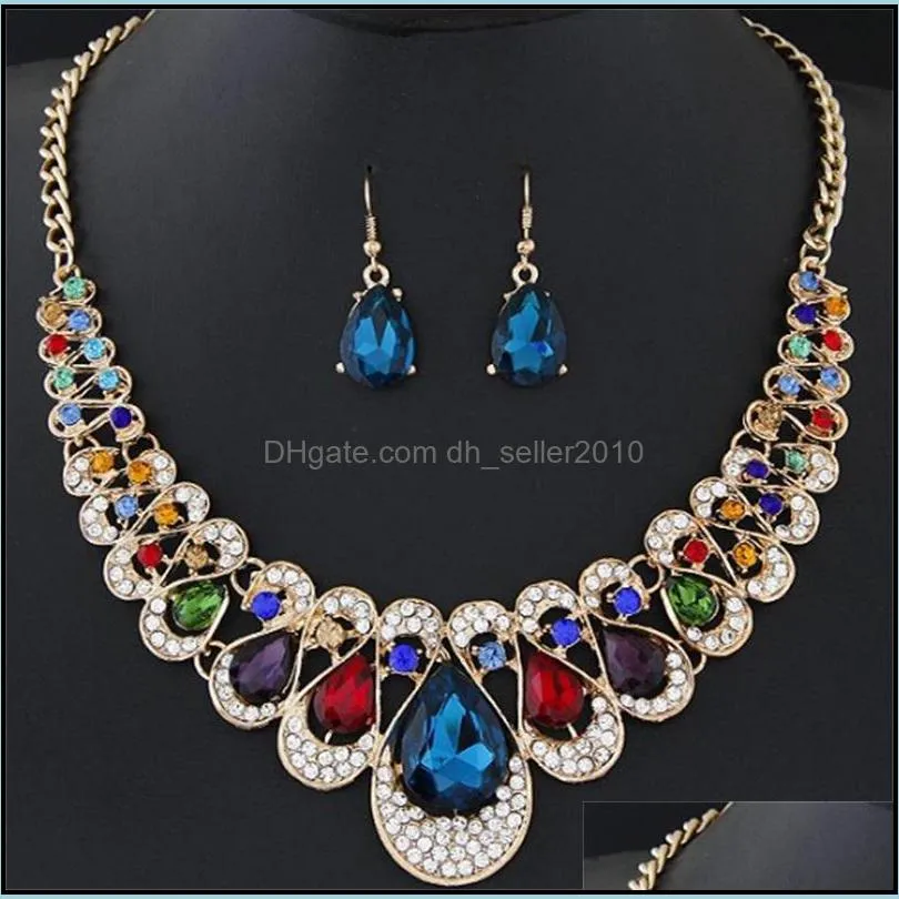 Water Drop Necklace Earrings Sets Crystal Diamond Necklace Chandelier for Women Lady Fashion Wedding Accessories Jewelry Set Gift 2457