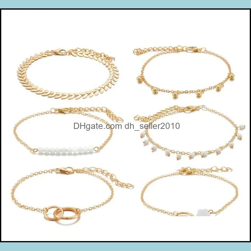 Circle Flowers Leaf Charm Bracelet Jewelry Women Fashion Plated Gold Chain 6 Piece Set Personality New Pattern 4 6yg J2