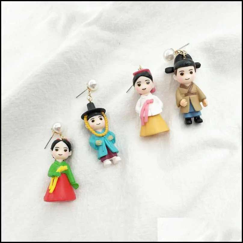 cute handmade asymmetric cartoon characters traditional hanbok dangle earrings funny figure jewelry for women unique party earring