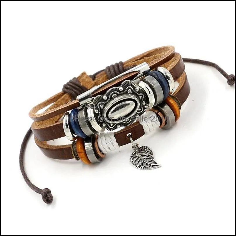 Multilayer wrap leather bracelet Leaf charm pull string adjustable bracelets bangle cuff for women men fashion jewelry 478 Z2