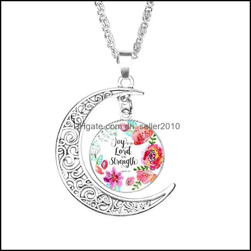 17 colors Religion Bible verses necklace Women glass cabochon Moon Christians Scripture Letter Flower Pendant chains faith Jewelry 315