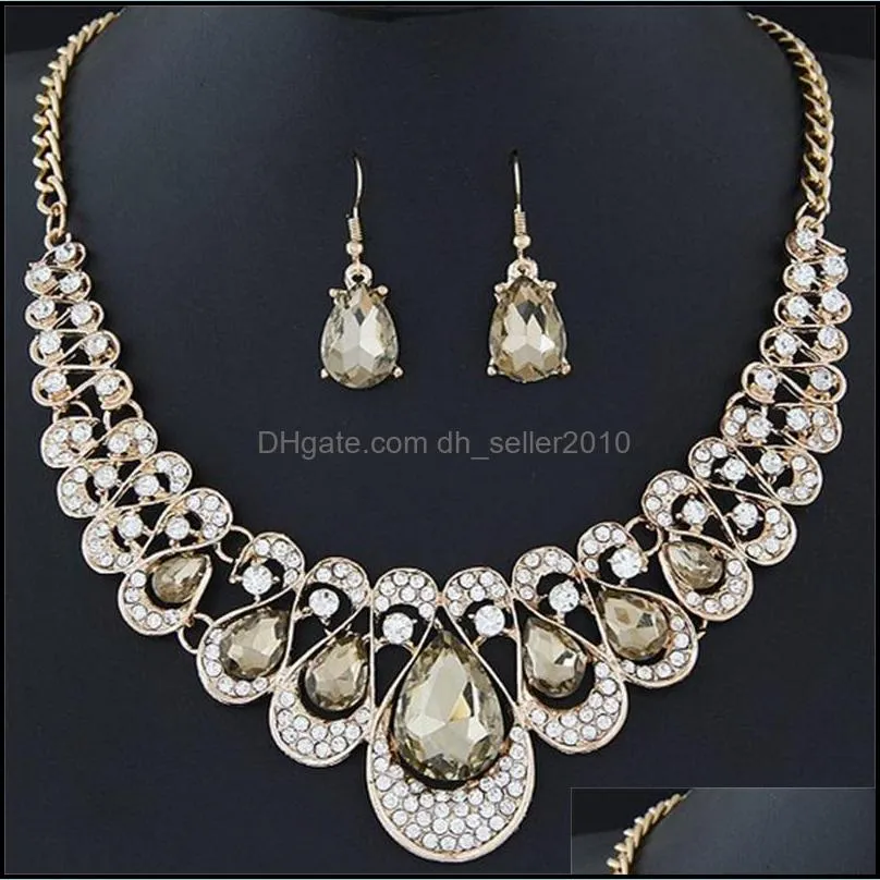 Water Drop Necklace Earrings Sets Crystal Diamond Necklace Chandelier for Women Lady Fashion Wedding Accessories Jewelry Set Gift 2457