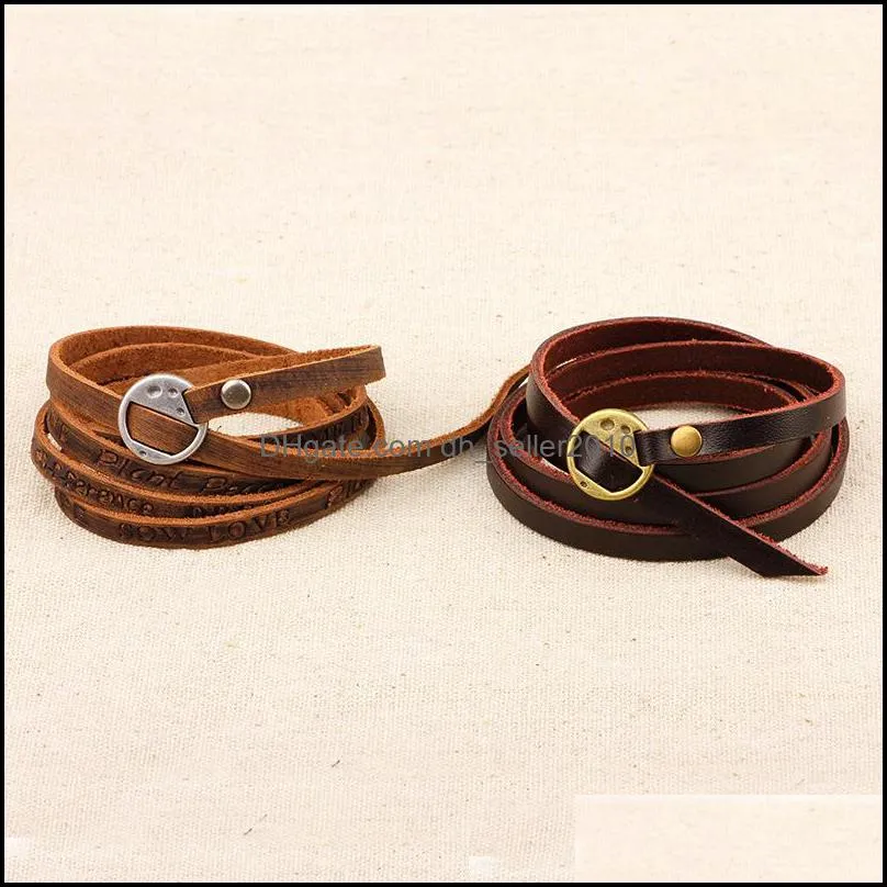 Vintage Bohemian Style Jewelery Multilayer Wrap Genuine Leather Bracelet For Men And Women Embossing Letter Tennis 439 Z2