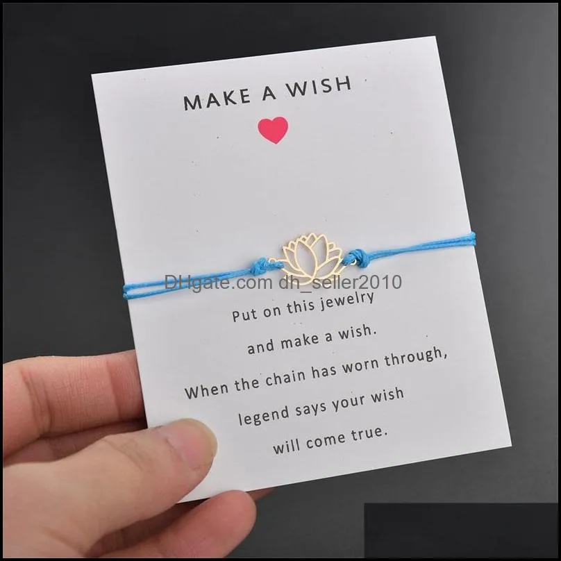 Fashion Make a Wish bracelets Cute lotus flower Charm with Card Red Blue Black White string Rope Bangle DIY handmade Jewelry Gif 168