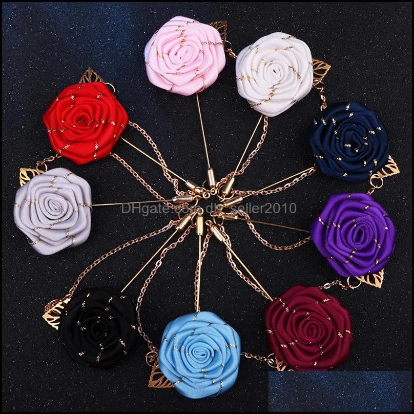 Vintage Mixed Fabric Rose Brooches Tassel Chain Men Suit Collar Brooch Broche Lapel Pin Brooches for Women Jewelry Accessories 450 T2