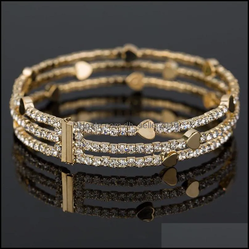 Bangle Rhinestone Bracelet Woman Full Diamond Love Heart Handmade Three Rows Cuff Bracelets Plated Gold Bangle 8 9yf G2B