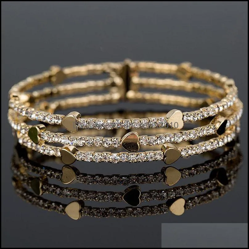 Bangle Rhinestone Bracelet Woman Full Diamond Love Heart Handmade Three Rows Cuff Bracelets Plated Gold Bangle 8 9yf G2B