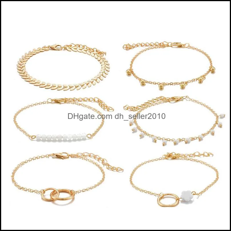 Circle Flowers Leaf Charm Bracelet Jewelry Women Fashion Plated Gold Chain 6 Piece Set Personality New Pattern 4 6yg J2