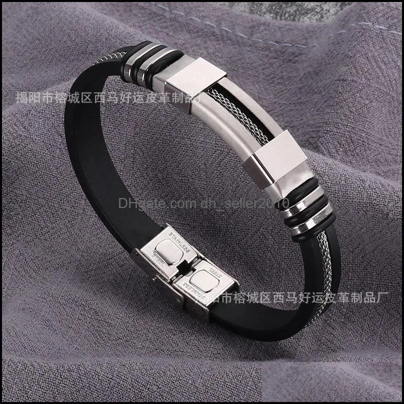 Men`s Stainless Steel Silicone Black Bracelet Simple Rubber New Design Punk charm WristBand Bangle For Mens Fashion Jewelry Gift 2957