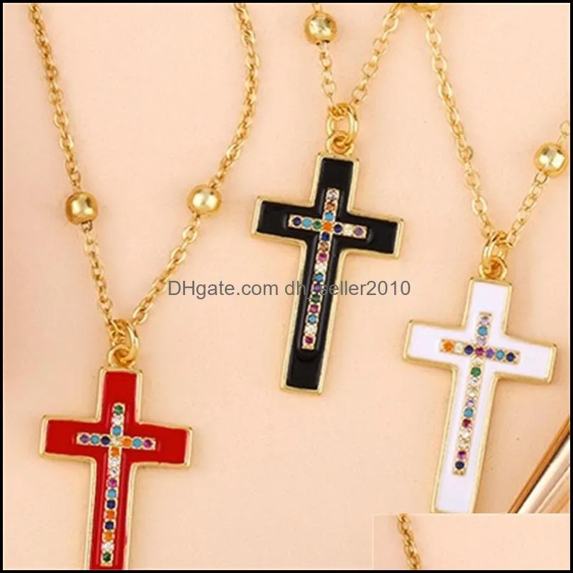 Vintage Necklace Jewelry Yellow Gold Plated Oil Painting Colorful CZ Cross Necklace fo Men Women Nice Gift for Girl Friend 3740