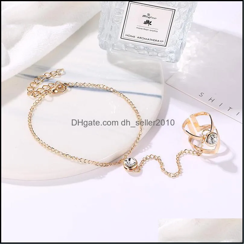 Artificial Diamond Inlay Hand Chain Hollowing Out Leaf Originality Ring Fashion Gold Plated Hand Ornament Jewelry Accessories 2 2mh P2