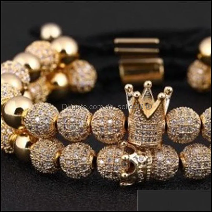 2pcs/set Luxury Crown Charm Men Bracelets 8mm Micro Pave CZ Round Braided Macrame Bracelet Pulseira Feminina Handmade Jewelry Gift 110
