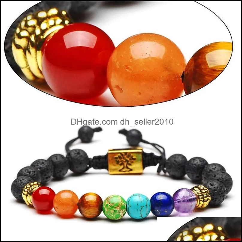 Yoga Handmade 7 Chakra Tree Of Life Charm Bracelets Lava Stones Multicolor Beads Rope Bracelet Women Men Bracelets Bangles 99 L2