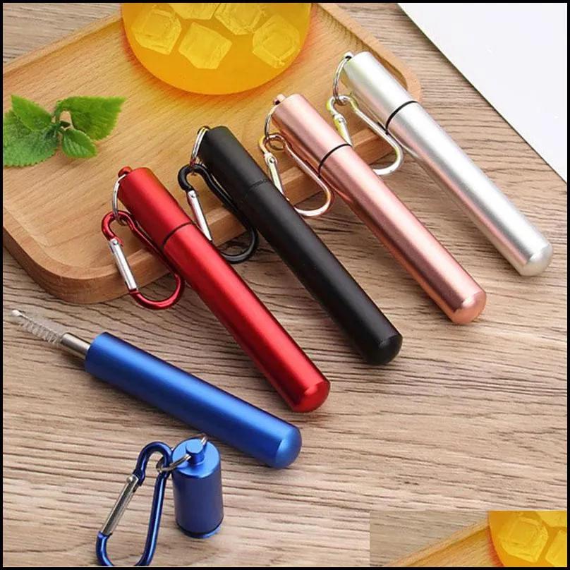 reusable stainless steel straws telescopic drinking straw with aluminum keychain cleaning brushes