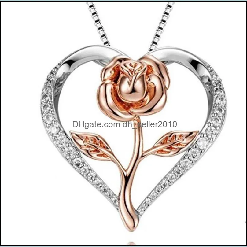 Love Heart Shaped Women Necklace Lady Inlay Crystal Rose Flower Pattern Plated Silver Fashion Chain Valentines Day Gift 3 7hj J2