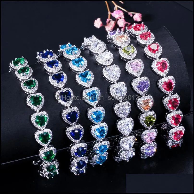 Stunning Luxury Bracelets Jewelry 925 Sterling Silver Heart Shape Multi Sapphire Gemstones Pave CZ Diamond Party Women Bangle Bracelet Gift 120