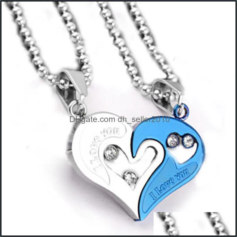 Lovers Necklace Pair Of Heart Shaped Valentines Day Inlay Rhinestone Iron Men Women Gifts Pendants Bead Chain Ornaments 1 7cz M2