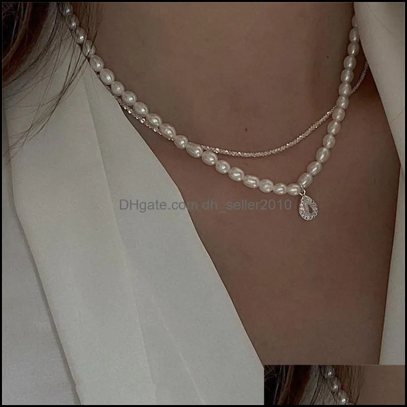 Korean Style Zircon Silver Color Drop Pendant Geometric Natural Freshwater Pearl Clavicle Chain Necklace Women Necklaces 1815 Q2