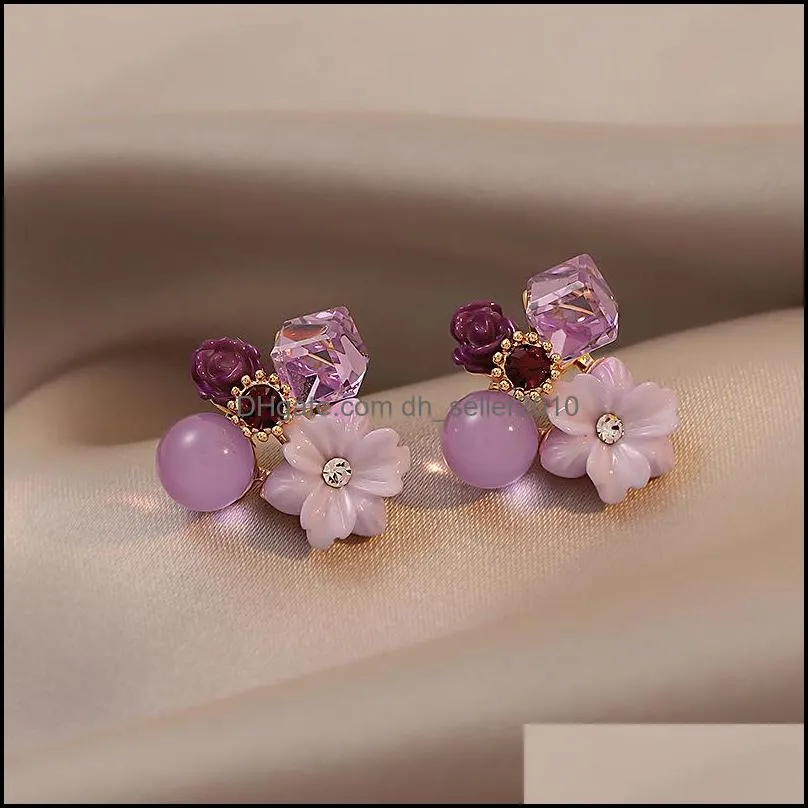 Purple Crystal Flower Stud Earrings For Woman Korean Fashion Jewelry Wedding Party Girls Elegance Set Accessories 199 D3