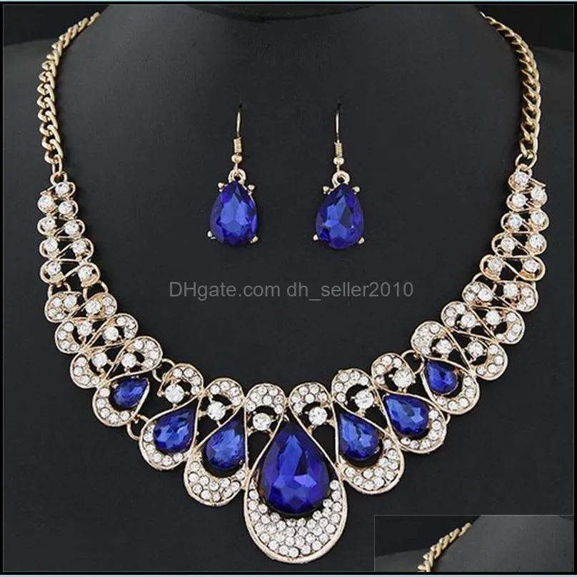 Water Drop Necklace Earrings Sets Crystal Diamond Necklace Chandelier for Women Lady Fashion Wedding Accessories Jewelry Set Gift 2457