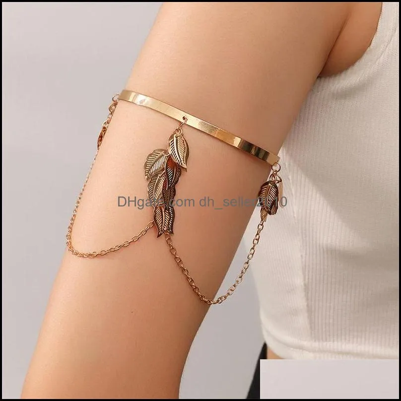 Bohemian Leaf Charm Upper Arm Charm Bracelet Metal Leaves Tassel Pendants Arm Cuff Bangle Bracelets for Women Fashion Jewelry 142 D3