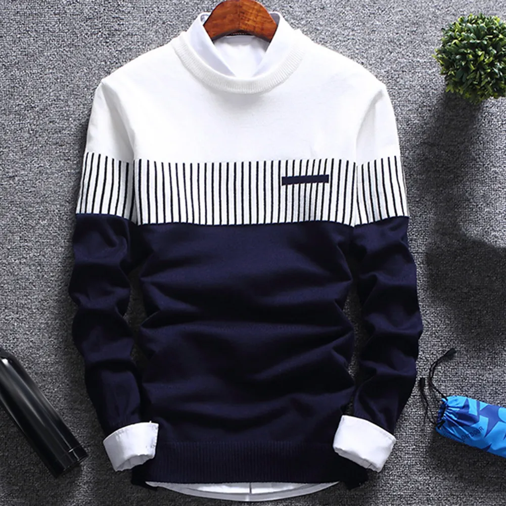 Men's Hoodies Sweatshirts Fashion Men Color Block Patchwork O Neck Long Sleeve Knitted Sweater Top Blouse Men Winter Clothes Thick Warm Sweaters men 221008