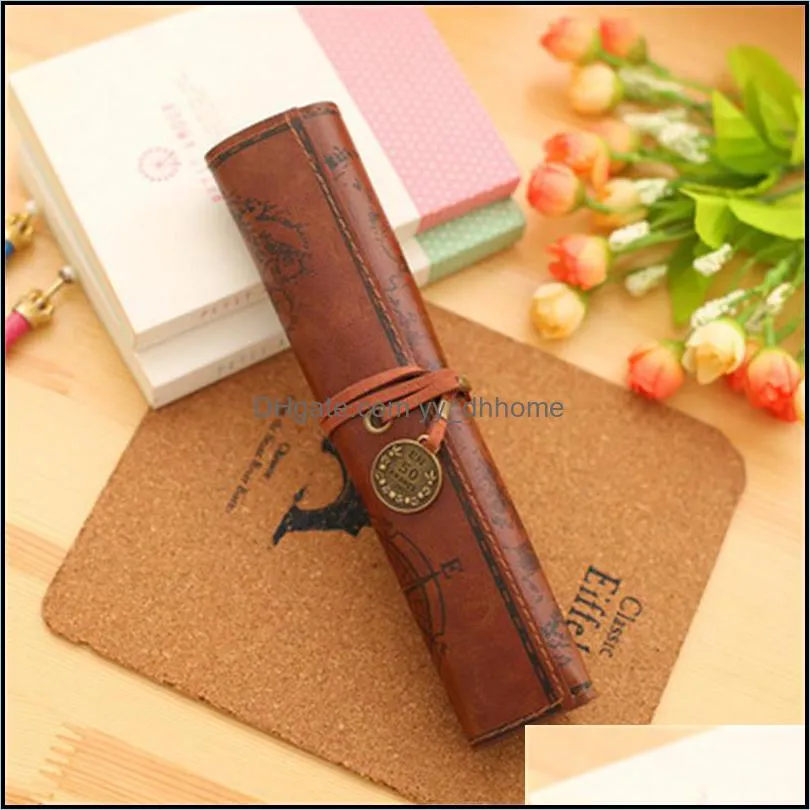 Treasure Map Leather PU Retro Pencil bag Cosmetic Roll Pen For Student Gifts Stationery Brush Makeup Supplies