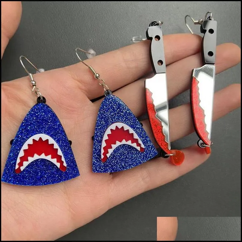 tassel bleeding knife dangle earrings for women exaggerated shark head blue glitter acrylic earrings halloween elements jewelry