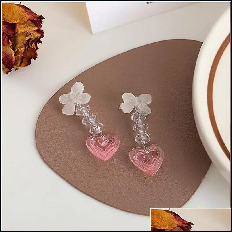 vintage pink y2k peach heart tassel dangle earrings for women harajuku bowknot korea stud earring resin fashion jewelry 90s crystal