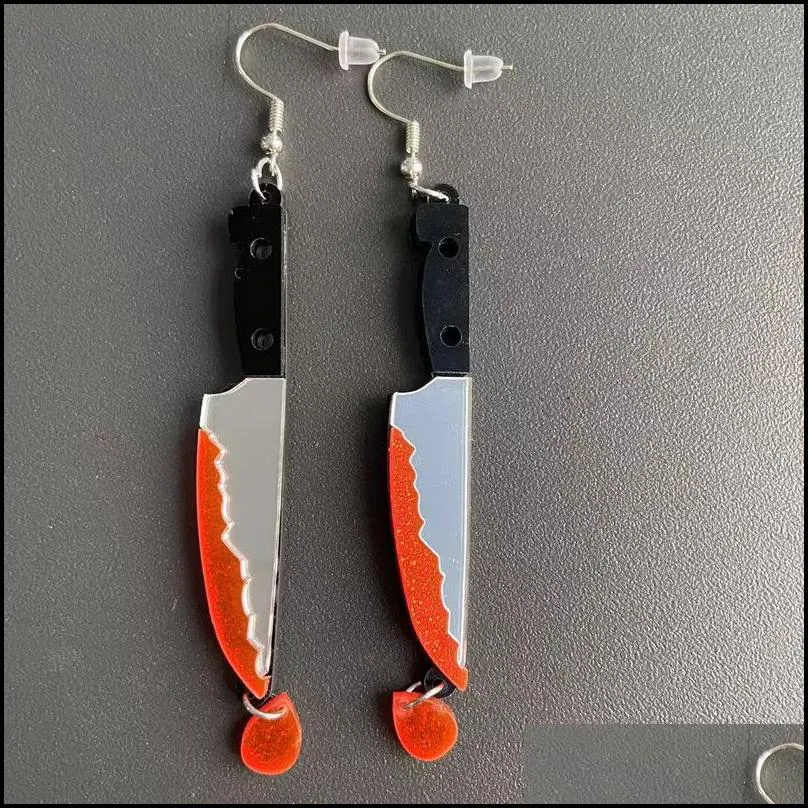 tassel bleeding knife dangle earrings for women exaggerated shark head blue glitter acrylic earrings halloween elements jewelry