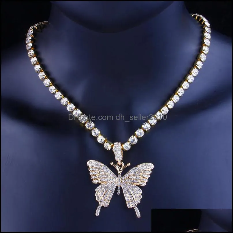 Statment Big Butterfly Pendant Necklace Hip Hop Iced Out Rhinestone Chain for Women Bling Tennis Chain Crystal Animal Choker Jewelry 1298