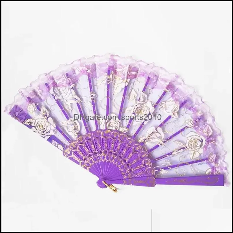 Arts Crafts Lace Dance Fan Show Craft Folding Fans Rose Flower Design Plastic Frame Silk Hand Fan