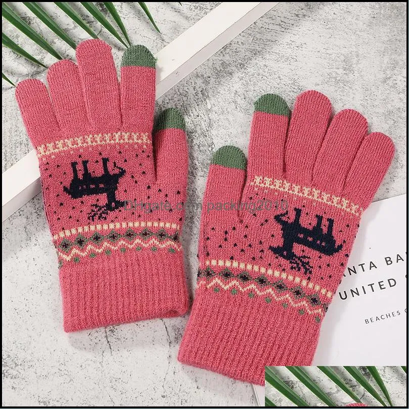 Autumn and winter new Christmas decoration deer touch screen gloves rice grain knitted warm thick wool gloves